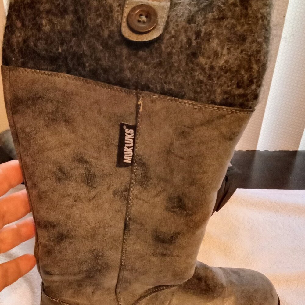 Muk Luks Knitted Mid Calf Boots Womens Sz 6 Gray Suede Leather Sweater Top